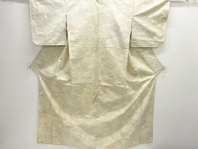 JAPANESE KIMONO / ANTIQUE HITOE KIMONO / SILK / HAND WOVEN TSUMUGI / GEOMETRIC PATTERN & FLOWERS